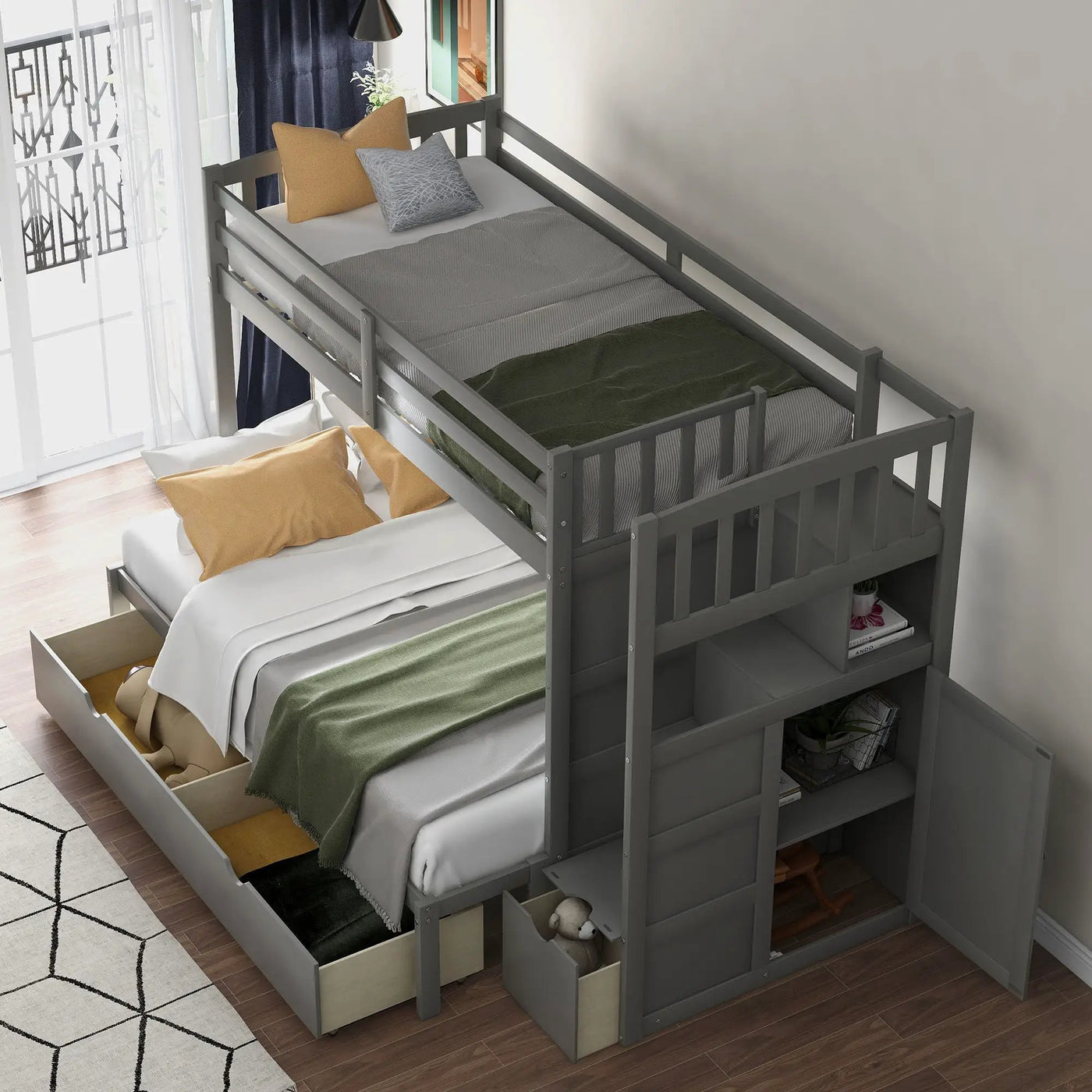 Bunk Bed, Convertible Bottom Bed, Storage Shelves And Drawers by HouseOfZazla