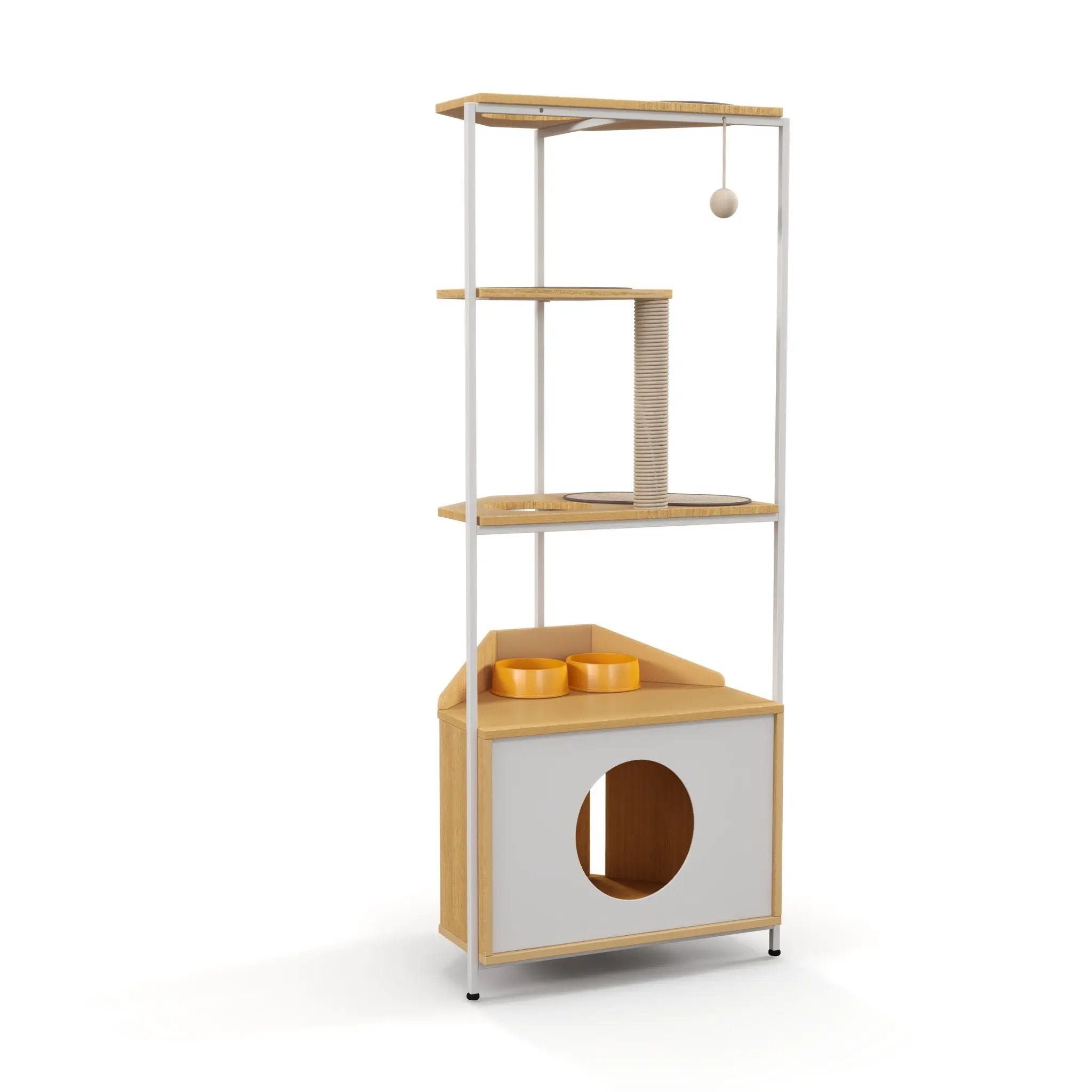 Corner Cat Tower, Cat Tree With Scratching Post, Cat Condo With Feeding Station And Climbing Platforms, Pet Furniture For Indoor Cats - White / Light Oak by HouseOfZazla