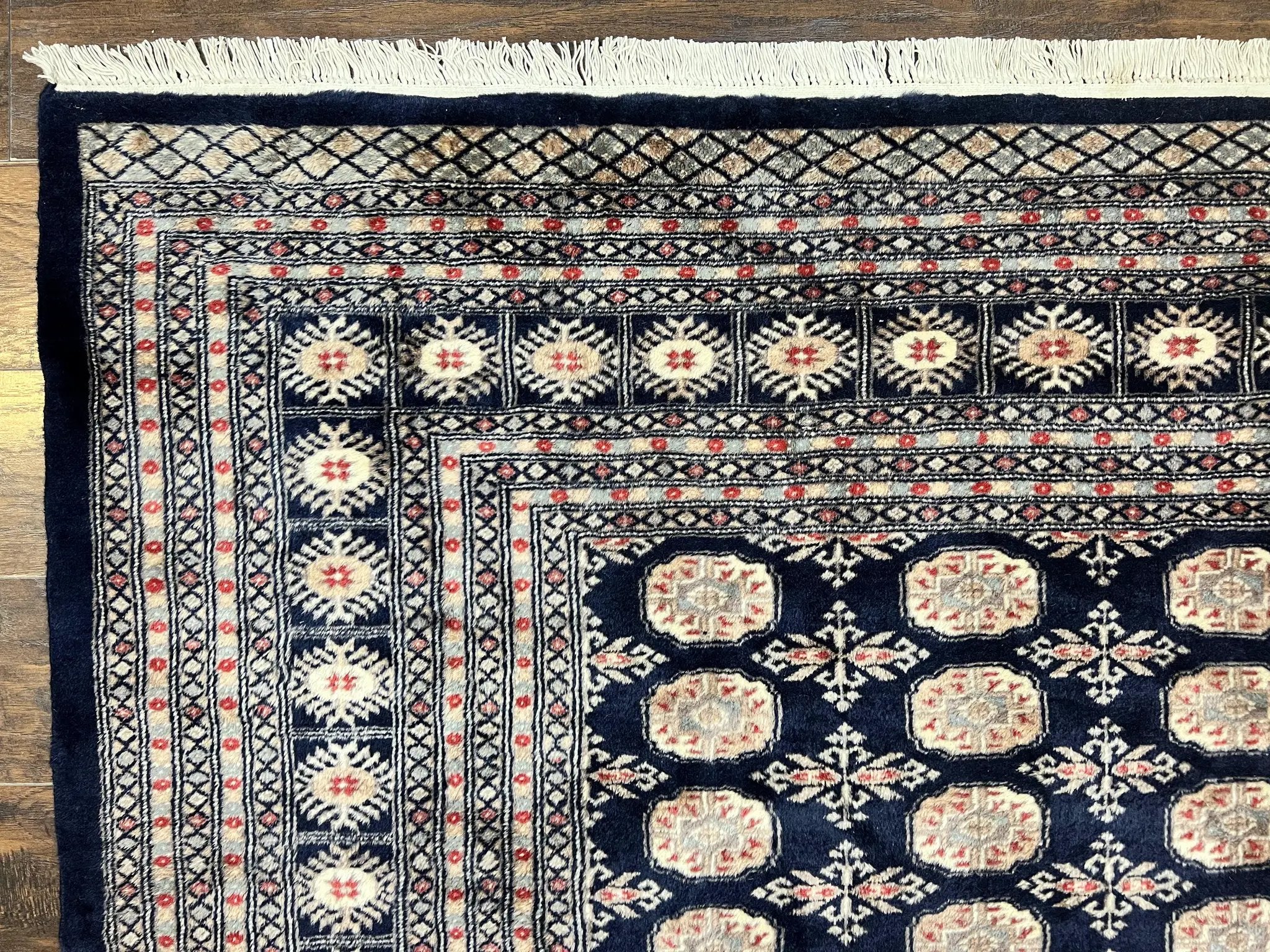 Pakistani Bokhara Rug 8x10, Turkoman Carpet, Dark Blue and Beige, Vintage Handmade Wool Carpet by Jewel Rugs