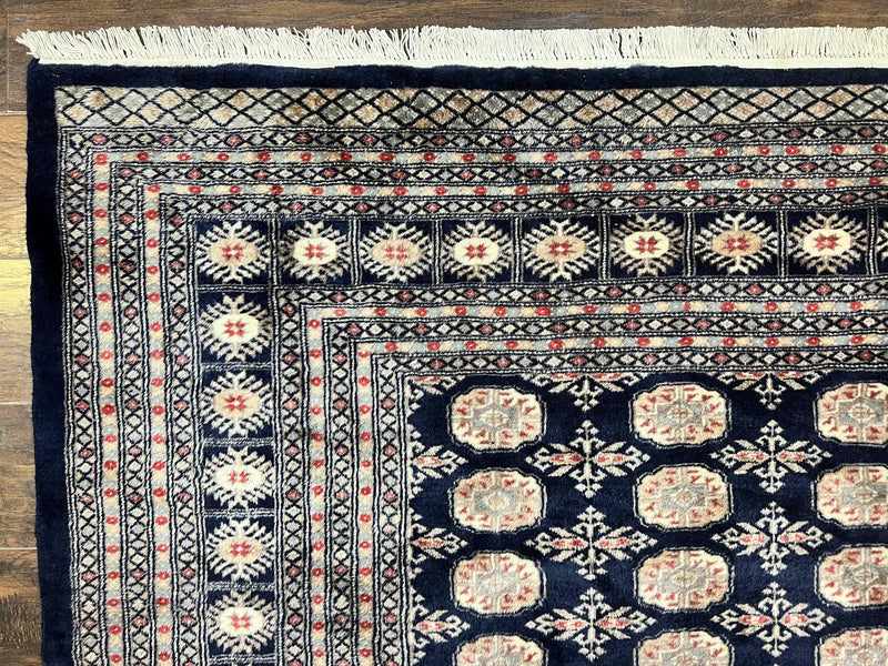 Pakistani Bokhara Rug 8x10, Turkoman Carpet, Dark Blue and Beige, Vintage Handmade Wool Carpet by Jewel Rugs