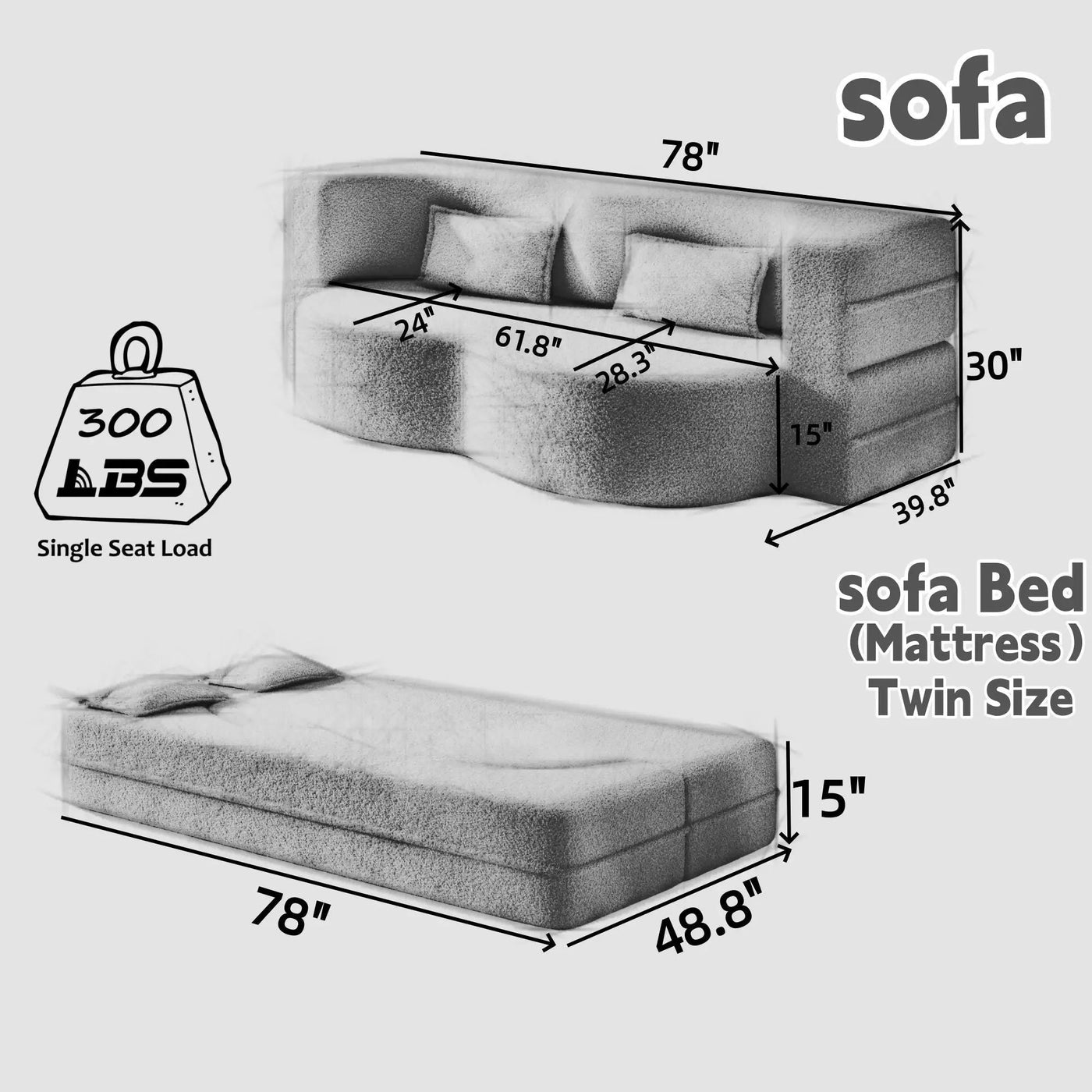Modern Floor Sleeper Sofa Bed With 2 Pillows, Convertible Twin Size Folding Mattress For Living Room by HouseOfZazla