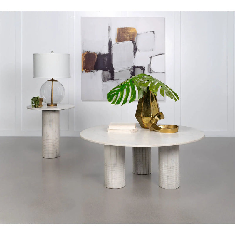 Preston - 2 Piece Coffee And End Table Set With Cylindrical Pedestal Bases, Round Design - White by HouseOfZazla