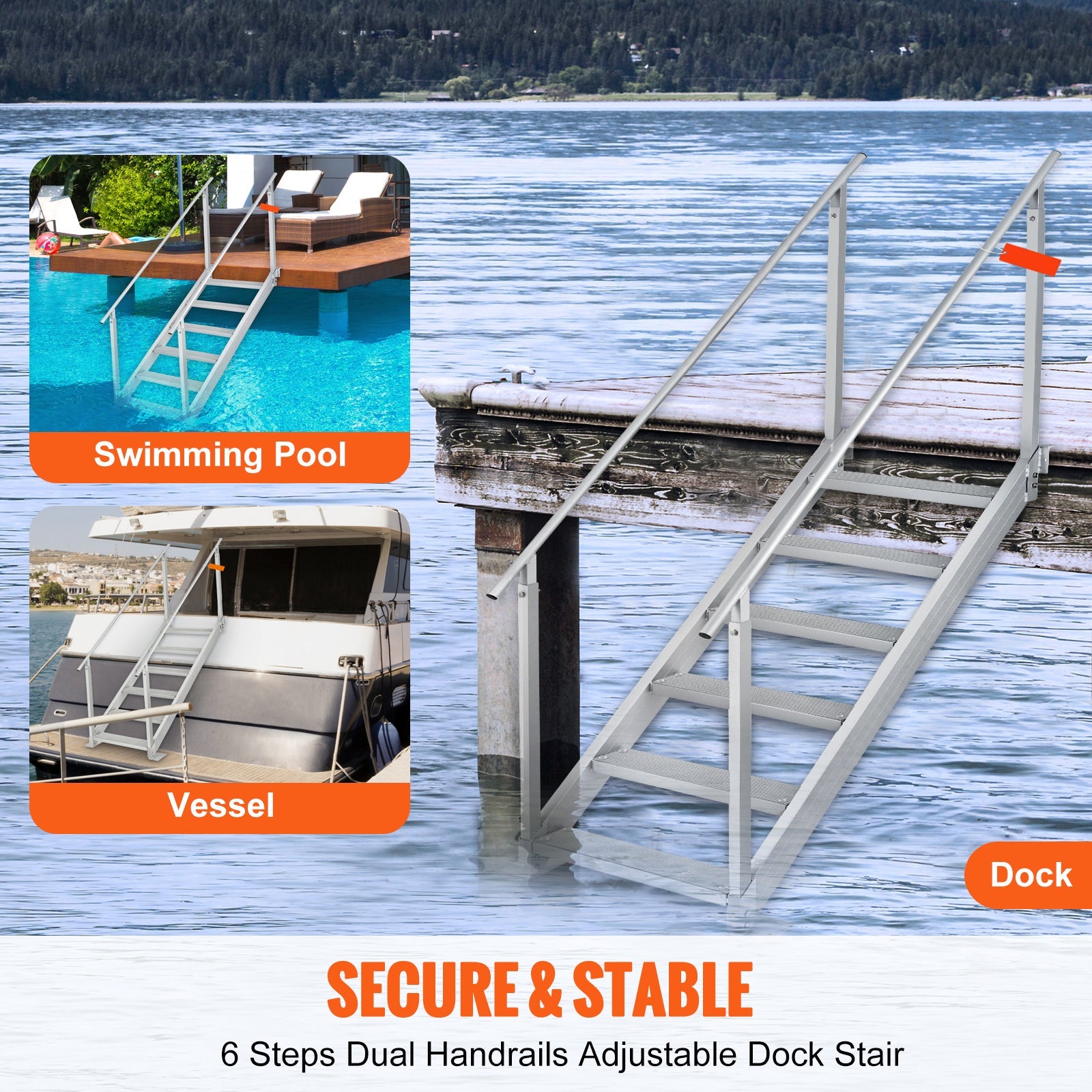 Dock Ladder, 43''-51'' Adjustable Height, 6 Steps with Dual Handrails by HouseOfZazla