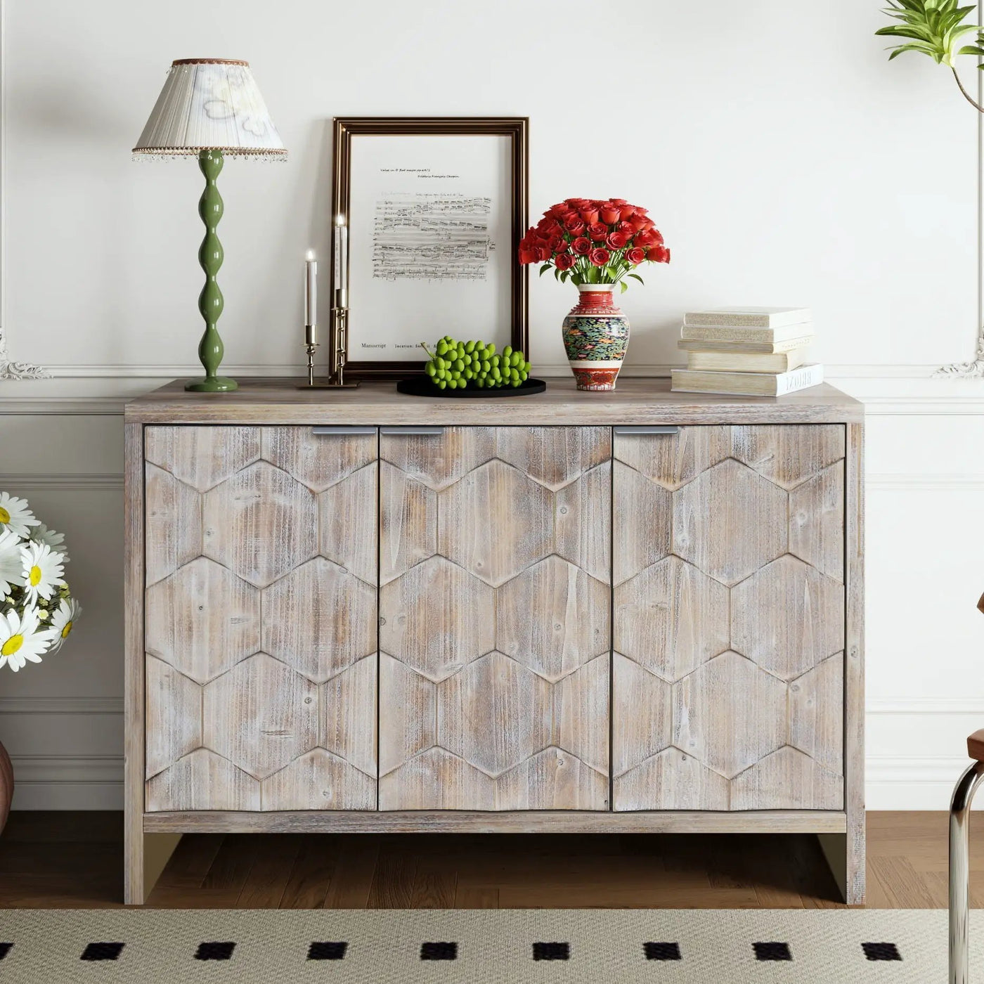 Accent Cabinet Farmhouse Style 4 Door Wooden Cabinet Sideboard Buffet Server Cabinet Storage Cabinet, For Living Room, Entryway, Hallway, Office, Kitchen And Dining Room by HouseOfZazla