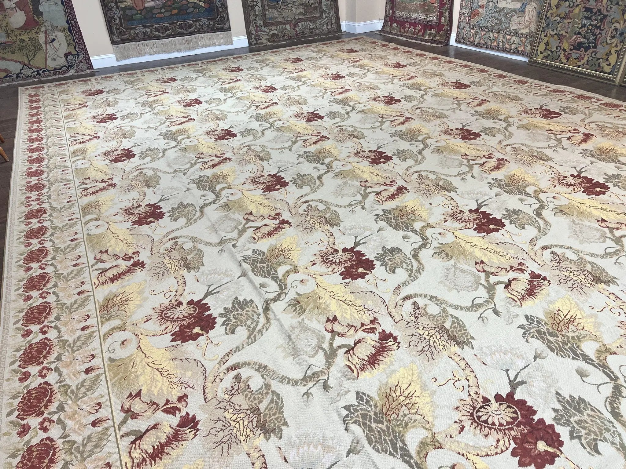Extra Large Needlepoint Rug 14 x 20, Vintage Handwoven Handmade Wool Flatweave Carpet, Allover Floral Pattern, Elegant European Deisgn Rug by Jewel Rugs