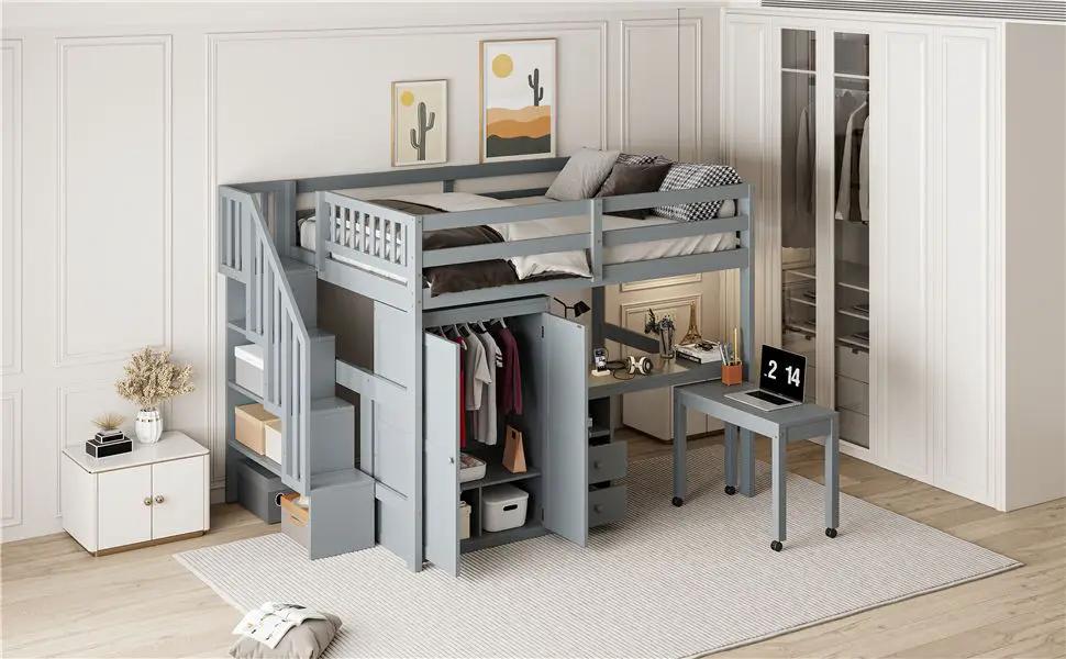 Loft Bed With Stairs, Bookshelf, Drawers, Desk & Wardrobe, Space Saving Multifunctional Furniture by HouseOfZazla