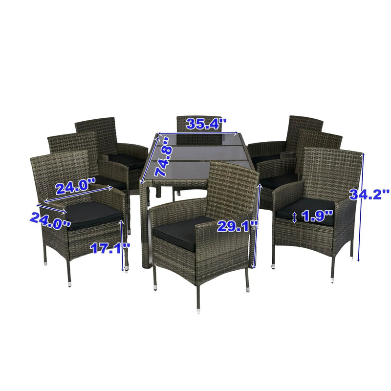 9 Piece Outdoor Patio Wicker Dining Set Patio Wicker Furniture Dining Set Glass Top - Gray / Black by HouseOfZazla