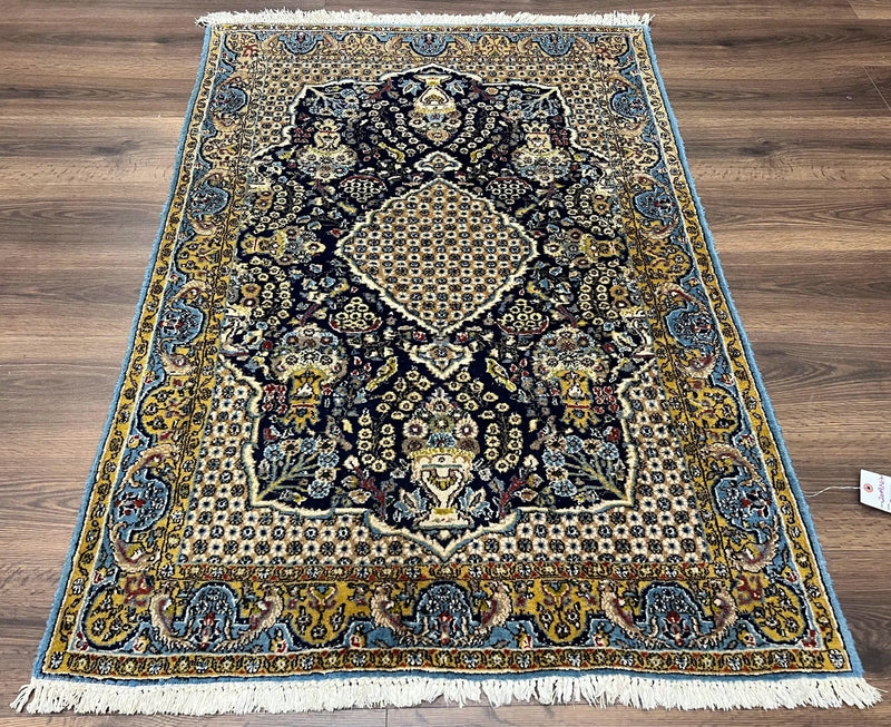 Fine Persian Qum Rug 3x5, Semi Antique Vintage Oriental Ghom Carpet, Floral Medallion, Highly Detailed, Hand Knotted, Navy Blue, Wool Area Rug, Birds by Jewel Rugs