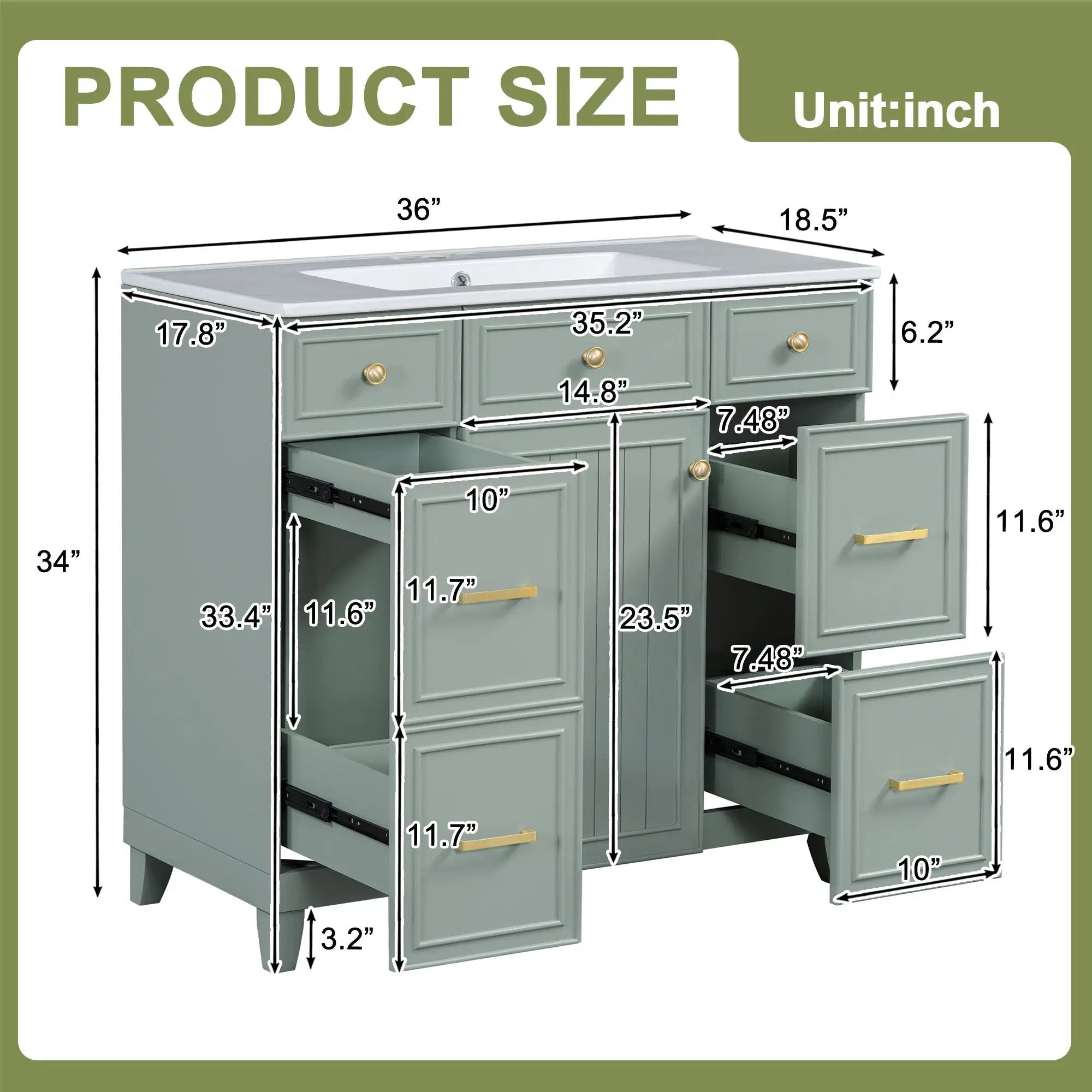 36" Green Bathroom Vanity with Ceramic Sink by HouseOfZazla