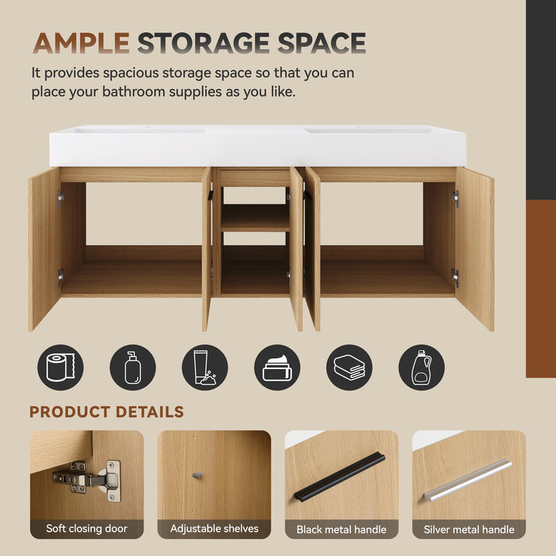 60" Floating Double Sink Bathroom Vanity with Extra-Large Storage by HouseOfZazla
