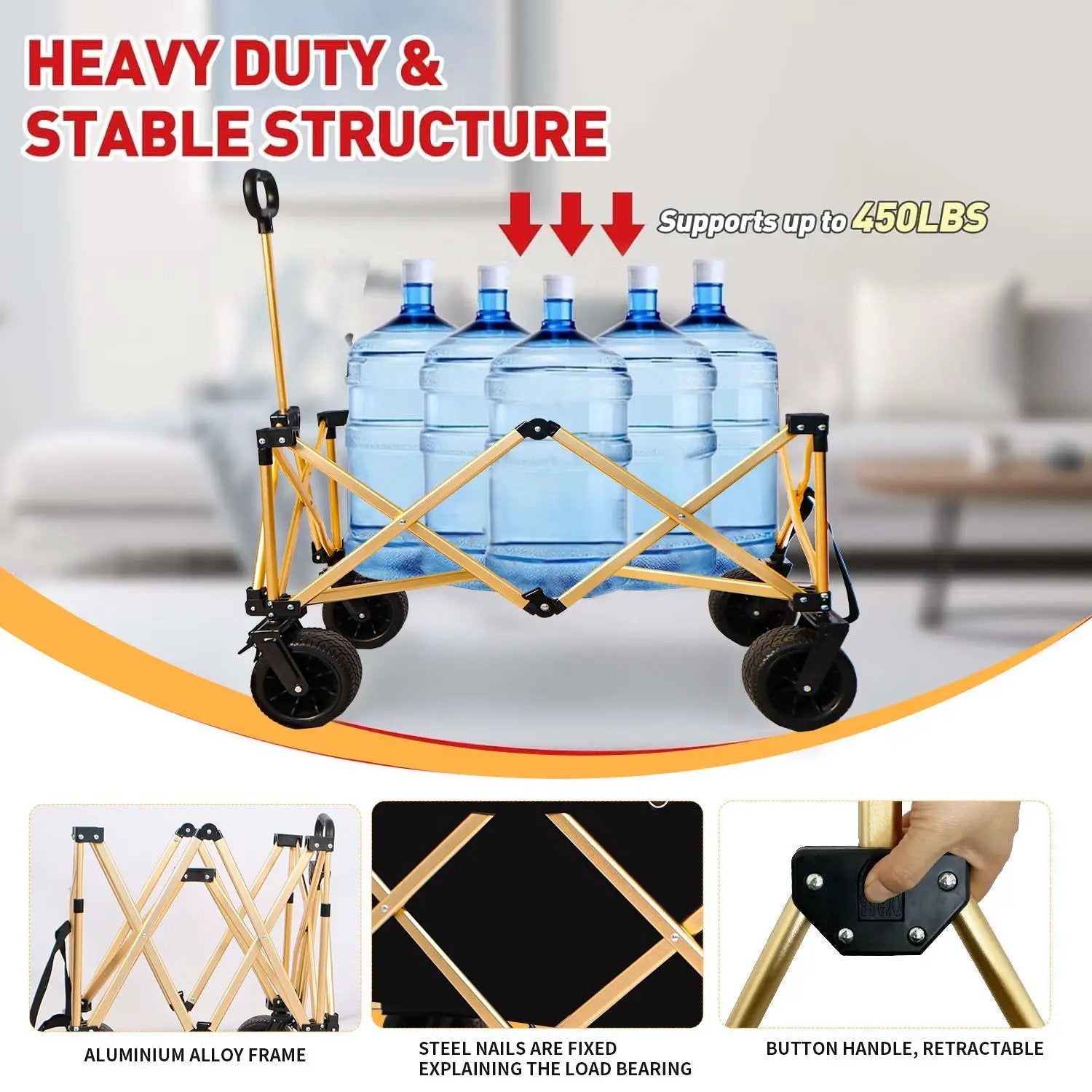 Aluminum Alloy Folding Wagon, Heavy Duty Utility Beach Wagon Cart For Sand With Big Wheels, Adjustable Handle & Drink Holders For Shopping, Camping, Garden And Outdoor by HouseOfZazla
