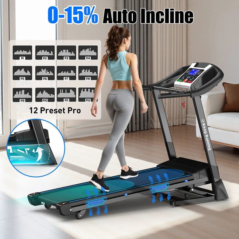 Treadmills For Home, Electric Treadmill With Automatic Incline, Foldable 3.5Hp Workout Running Machine Walking, Double Running Board Shock Absorption Pulse Sensor Bluetooth Speaker App Fitshow - Black by HouseOfZazla