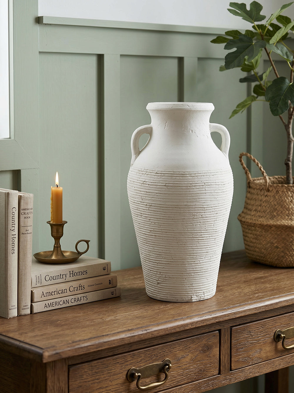 Rustic White Terracotta Tall Vase with Ribbed Texture - White