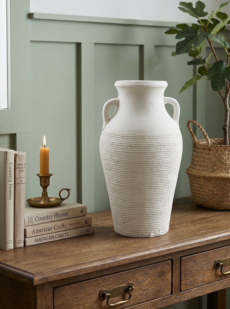 Rustic White Terracotta Tall Vase with Ribbed Texture - White