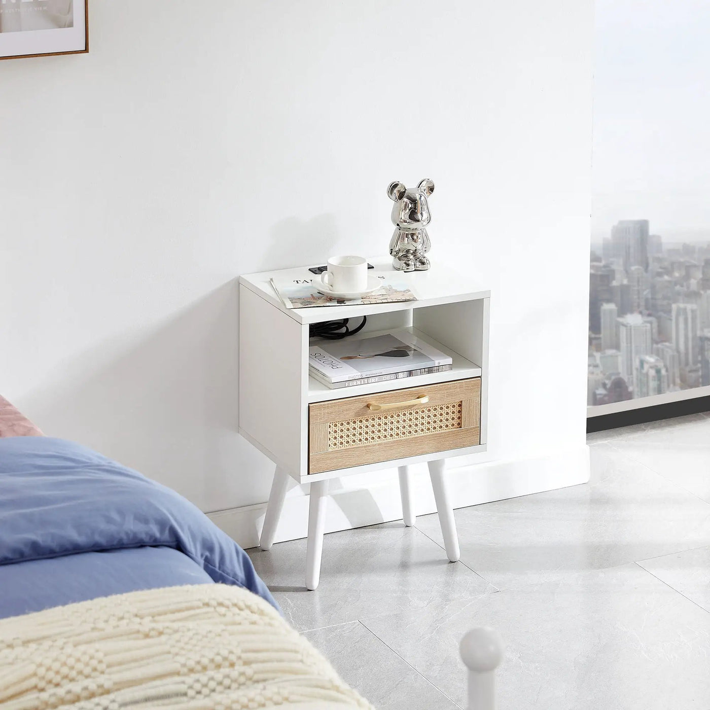 15.75" Rattan End Table With Power Outlet & USB Ports, Modern Nightstand With Drawer And Solid Wood Legs, Side Table For Living Room, Bedroom by HouseOfZazla