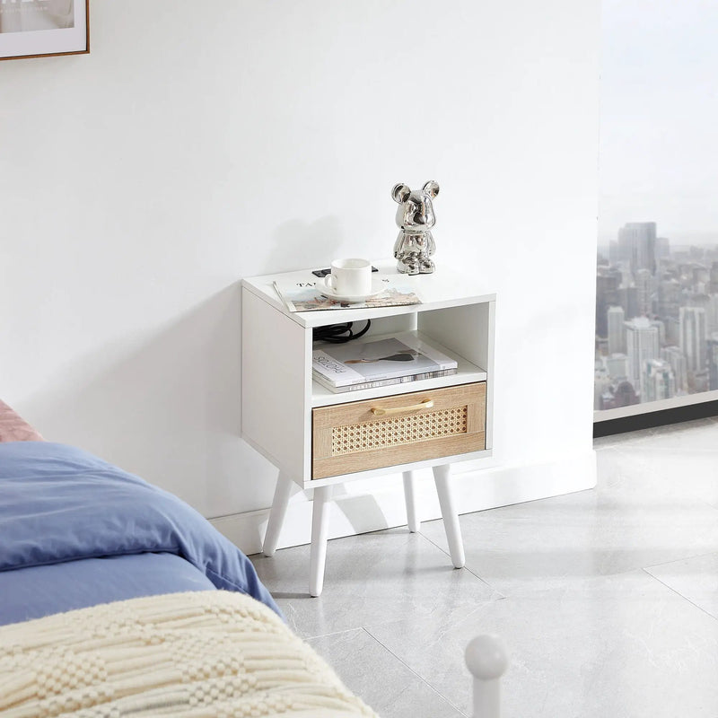 15.75" Rattan End Table With Power Outlet & USB Ports, Modern Nightstand With Drawer And Solid Wood Legs, Side Table For Living Room, Bedroom by Unique Piece Furniture