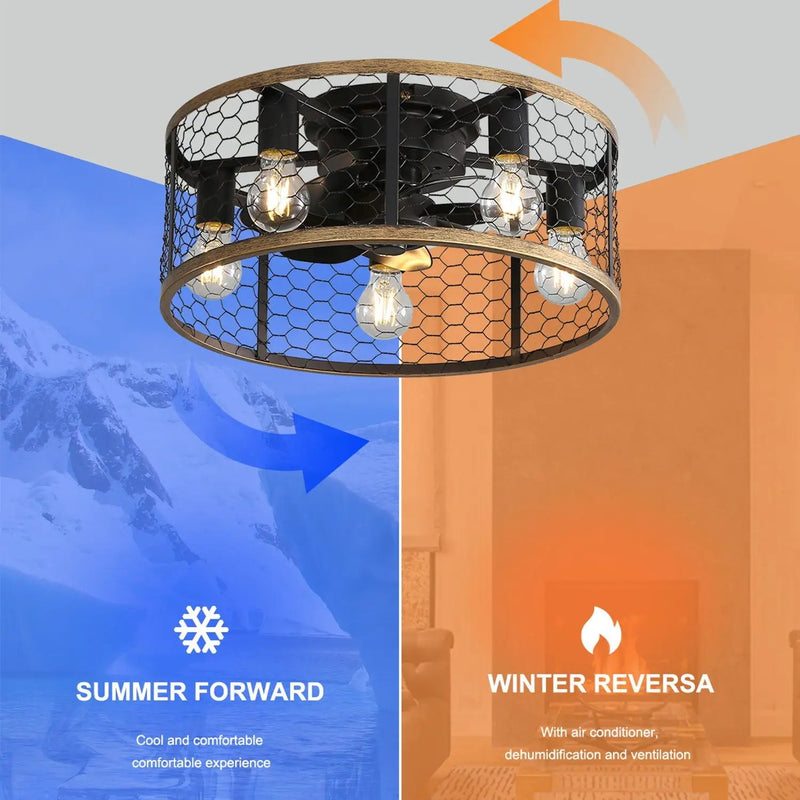 20" Industrial Caged Ceiling Fan, With 7 - ABS Blades Remote Control Reversible DC Motor, Small Flush Mount Ceiling Fan For Farmhouse - Black by Unique Piece Furniture
