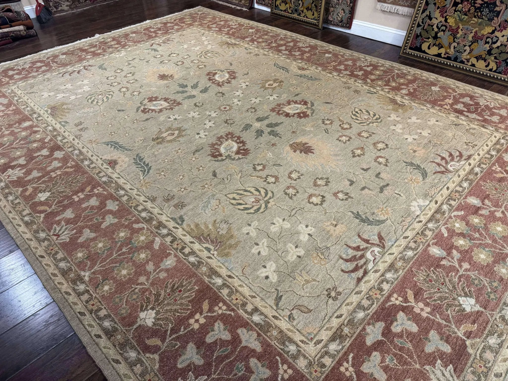 Large Turkish Soumak Rug 10x14, Flatweave Dhurrie, Handmade, Light Green and Salmon by Jewel Rugs