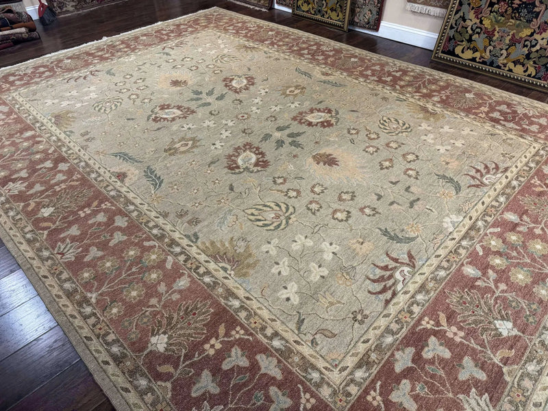 Large Turkish Soumak Rug 10x14, Flatweave Dhurrie, Handmade, Light Green and Salmon by Jewel Rugs