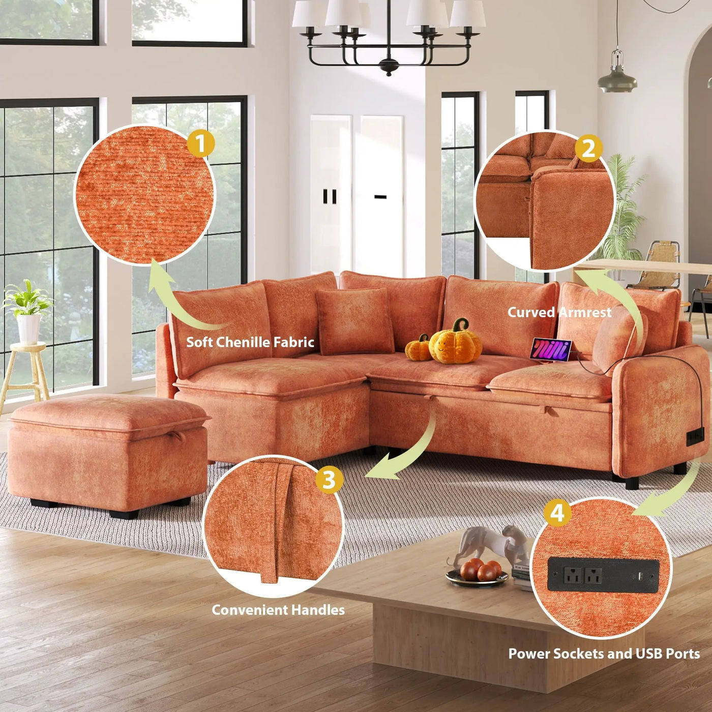 Convertible Sofa Bed Sectional Sofa Sleeper L-Shaped Sofa With A Storage Ottoman, Two Pillows, Two Power Sockets And Two USB Ports For Living Room by HouseOfZazla