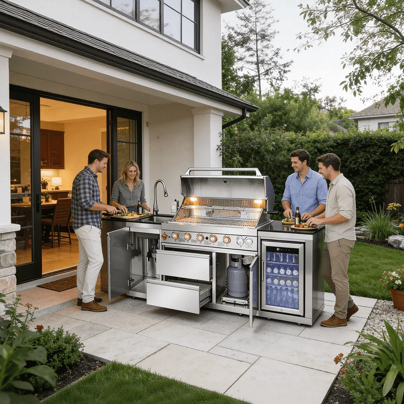 82.5" 6-Burner 83,500 BTU Silver Outdoor Kitchen Island Grill +Sink + Refrigerator by Chery Industrial