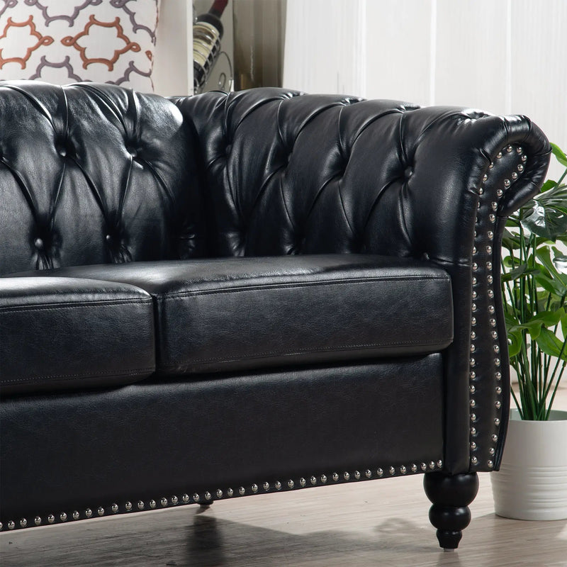 84.65" Black PU Rolled Arm Chesterfield Three Seater Sofa by HouseOfZazla