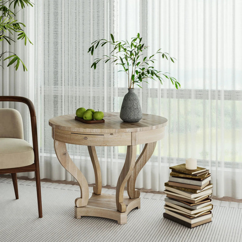 Curved Legs Farmhouse Style Small Size Round Dining Table End Table Side Table Coffee Table For Dinette, Kitchen, Dining Room Or Living Room - Natural Wood Grain Distressed by HouseOfZazla