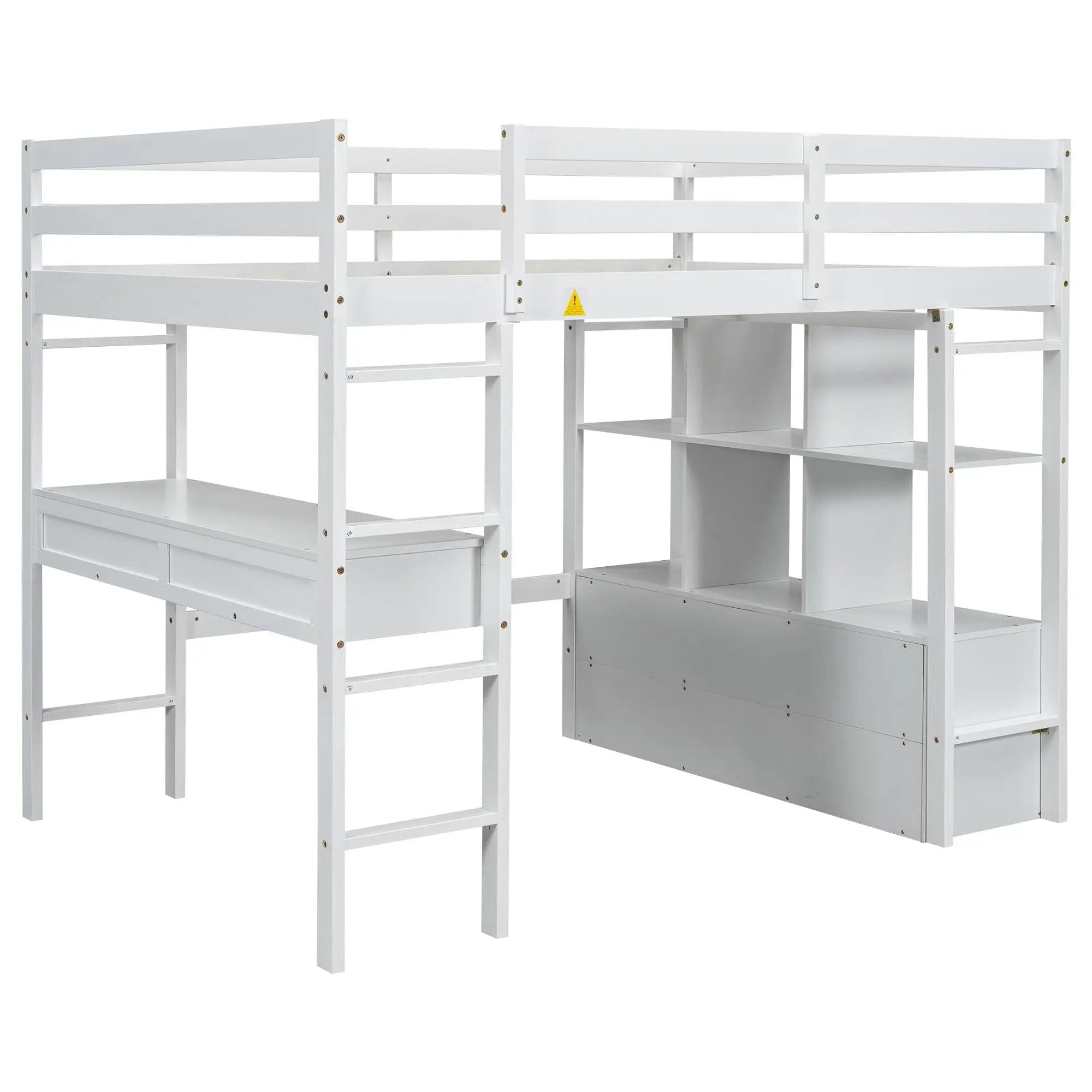 Full Size Loft Bed With Built In Desk, 2 Drawers, Storage Shelves - White by HouseOfZazla