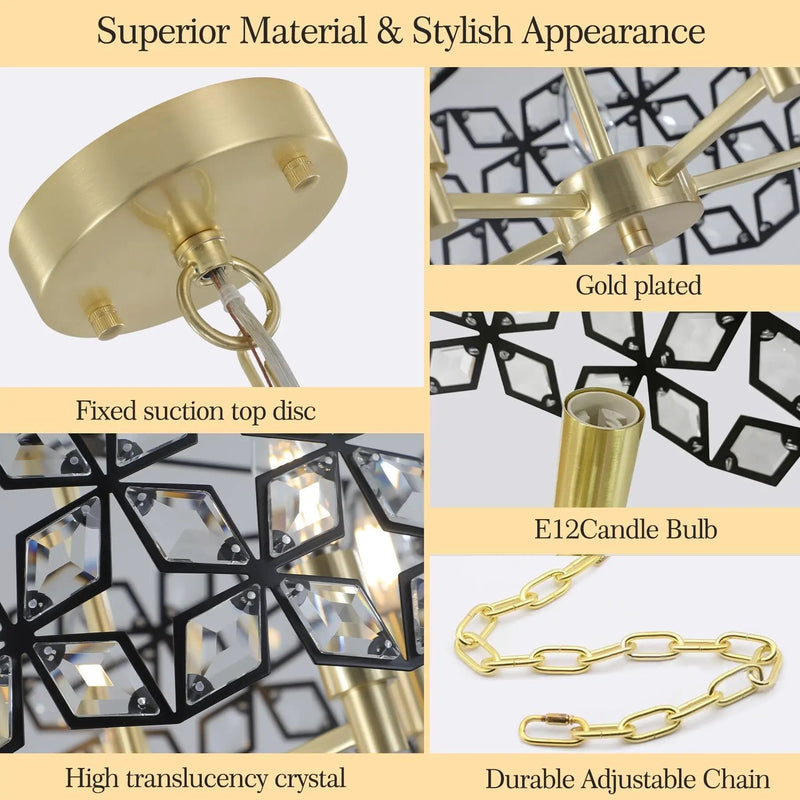 19" Geometric Crystal and Black Gold Round Pendant Chandelier by HouseOfZazla