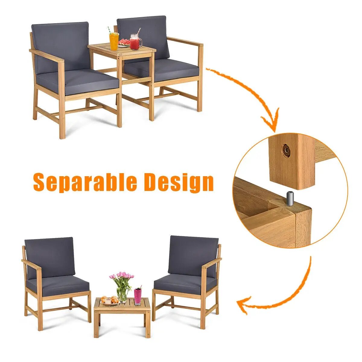 3-in-1 Acacia Wood Loveseat with Separable Coffee Table by DirectDeals