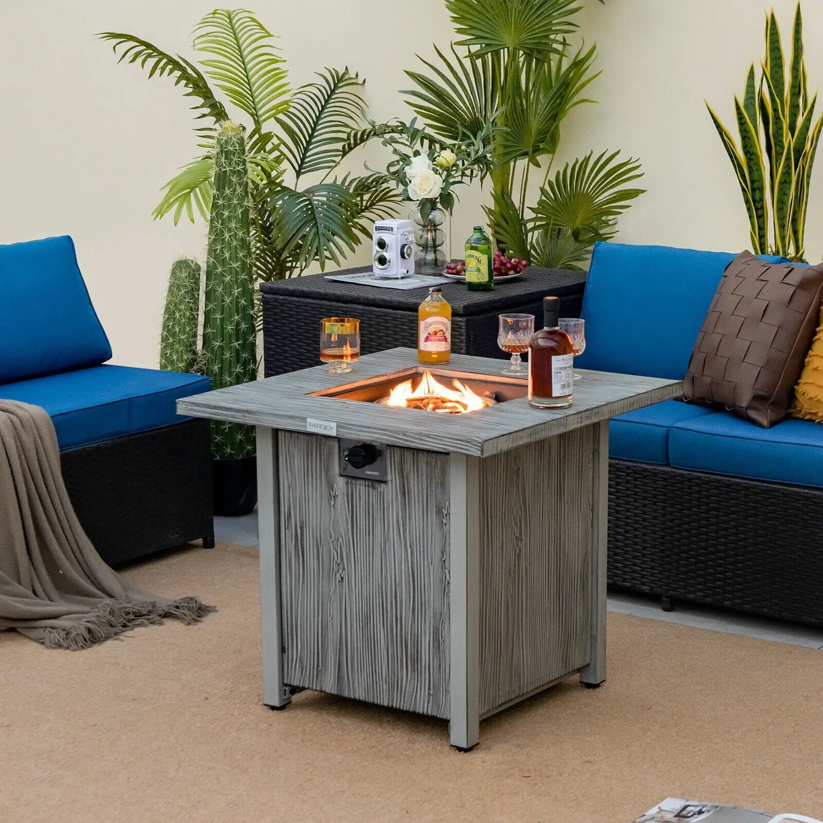 28 Inch 40 000 BTU Square Fire Pit Table with Lid and Lava Rocks-Gray by DirectDeals