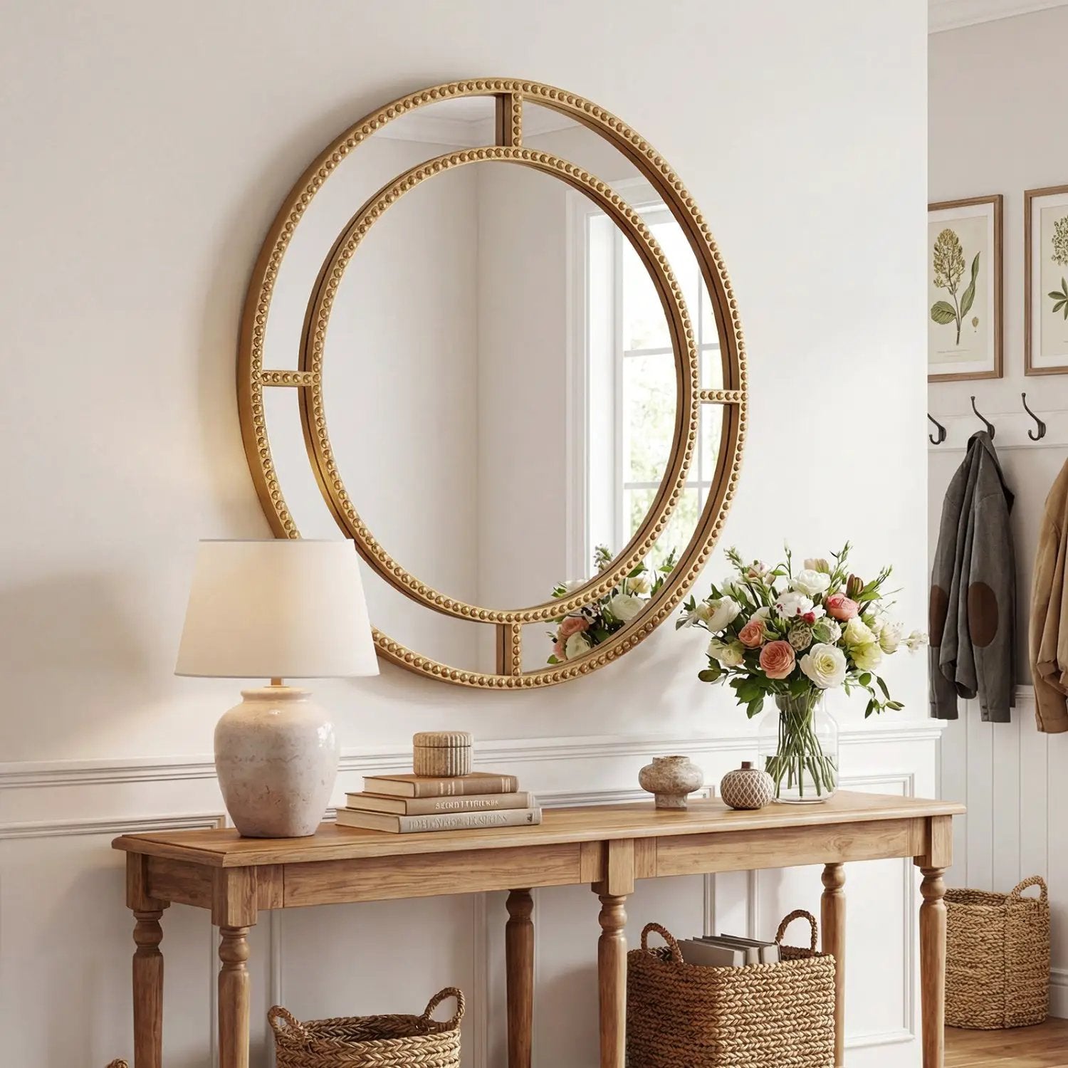 28 Inch Gold Round Wall Mirror with Beaded Frame for Living Room Entryway-Golden by DirectDeals