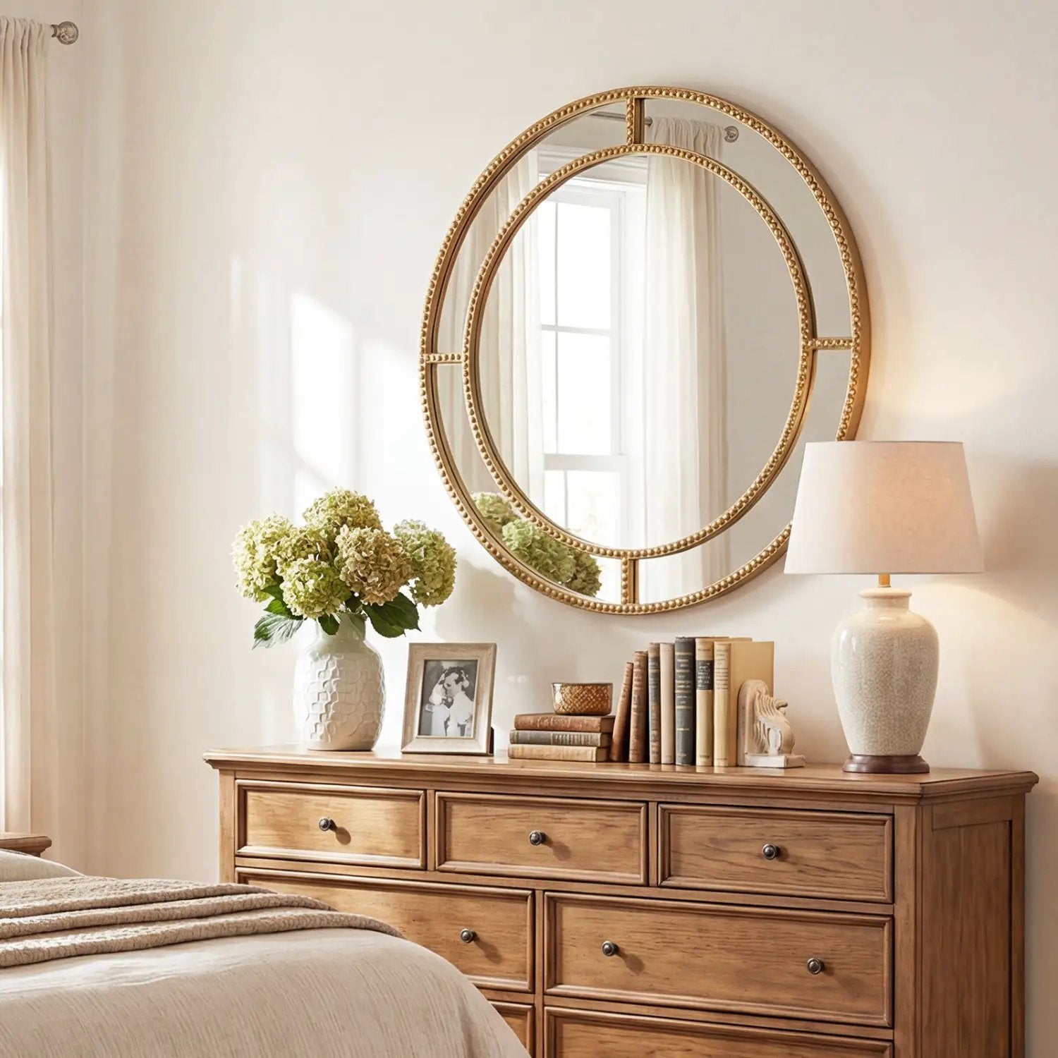 28 Inch Gold Round Wall Mirror with Beaded Frame for Living Room Entryway-Golden by DirectDeals