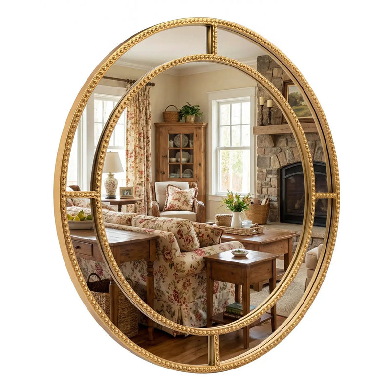 28 Inch Gold Round Wall Mirror with Beaded Frame for Living Room Entryway-Golden by DirectDeals