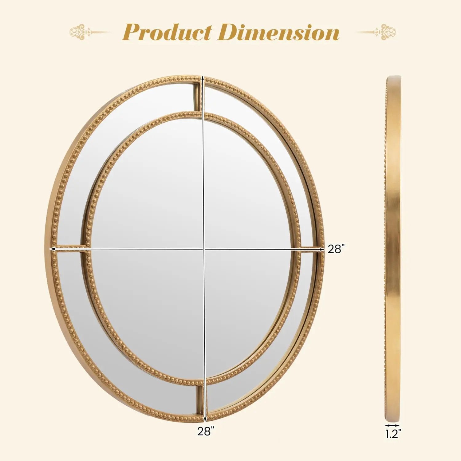 28 Inch Gold Round Wall Mirror with Beaded Frame for Living Room Entryway-Golden by DirectDeals