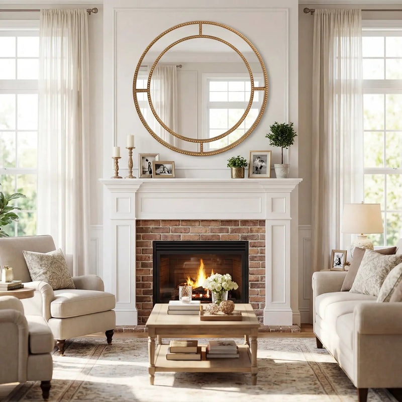 28 Inch Gold Round Wall Mirror with Beaded Frame for Living Room Entryway-Golden by DirectDeals