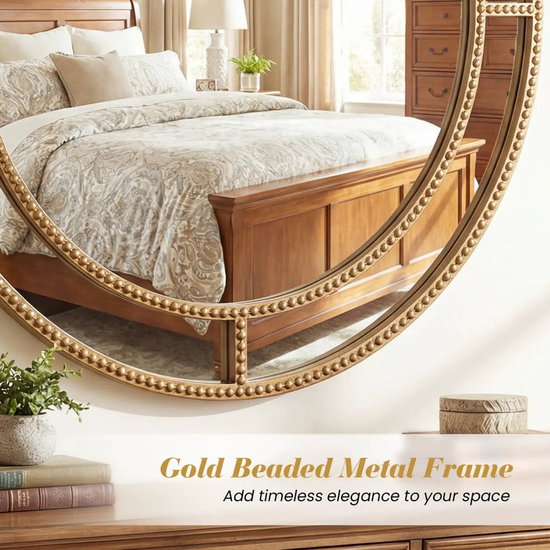 28 Inch Gold Round Wall Mirror with Beaded Frame for Living Room Entryway-Golden by DirectDeals