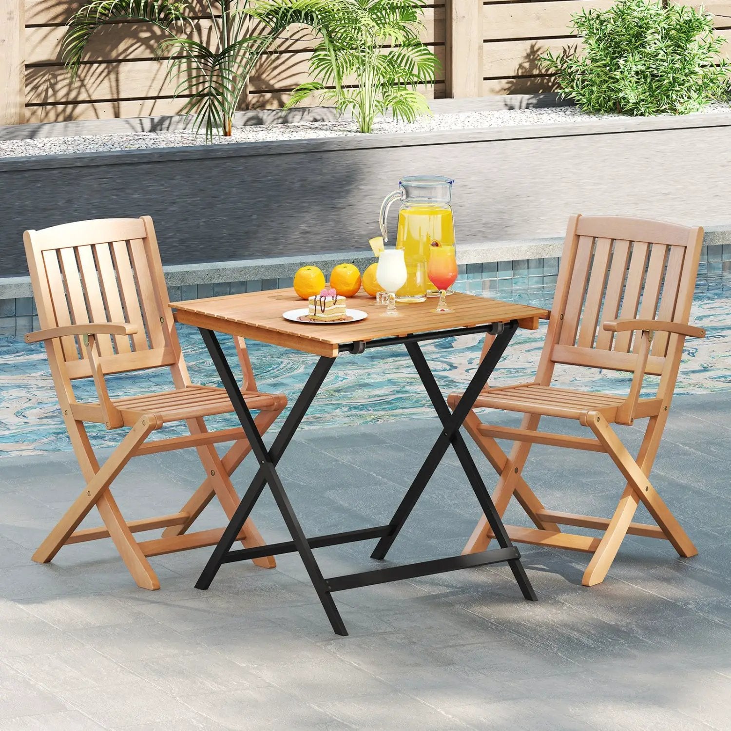 28 Inch Patio Folding Square Table with Slatted Tabletop for Backyard Porch by DirectDeals