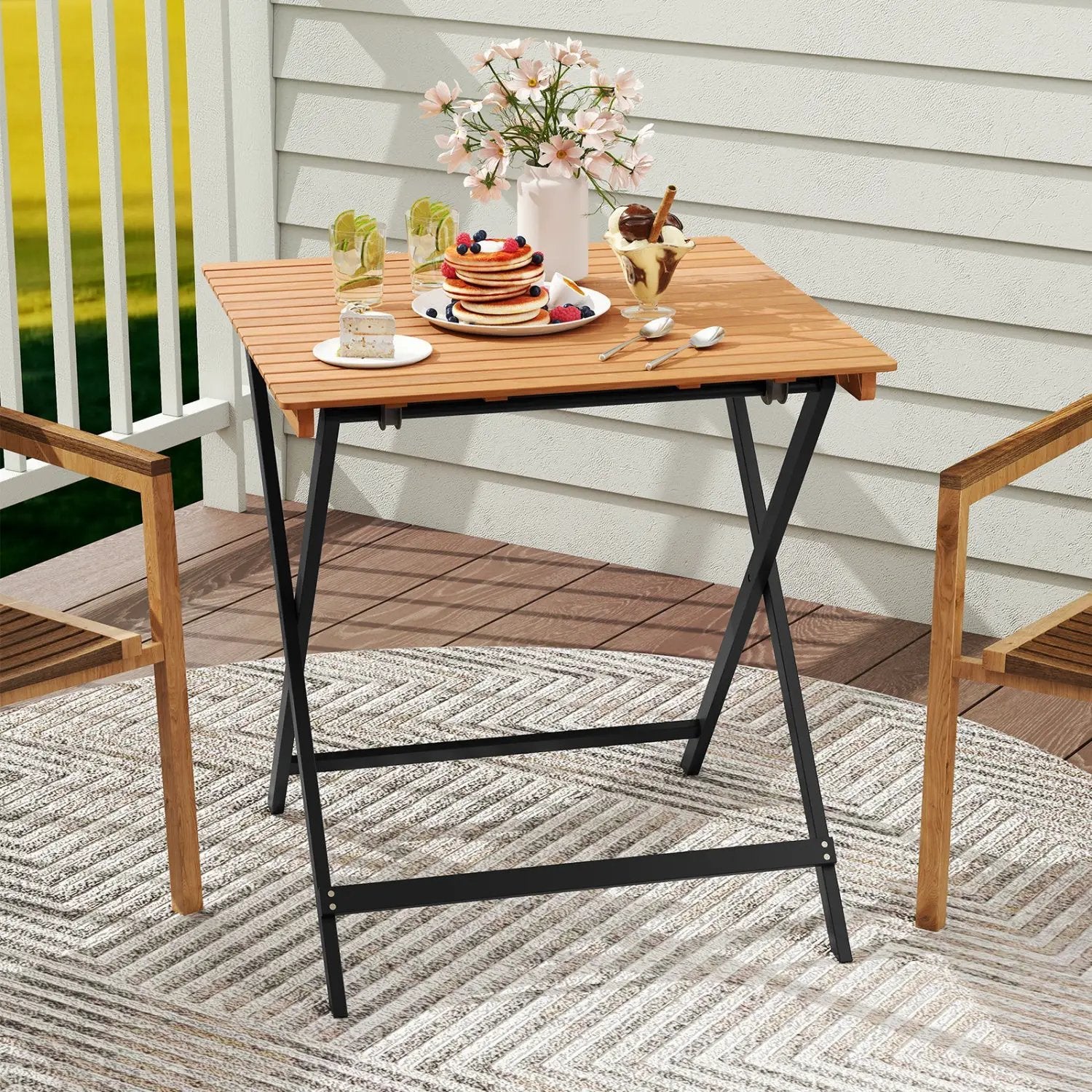 28 Inch Patio Folding Square Table with Slatted Tabletop for Backyard Porch by DirectDeals