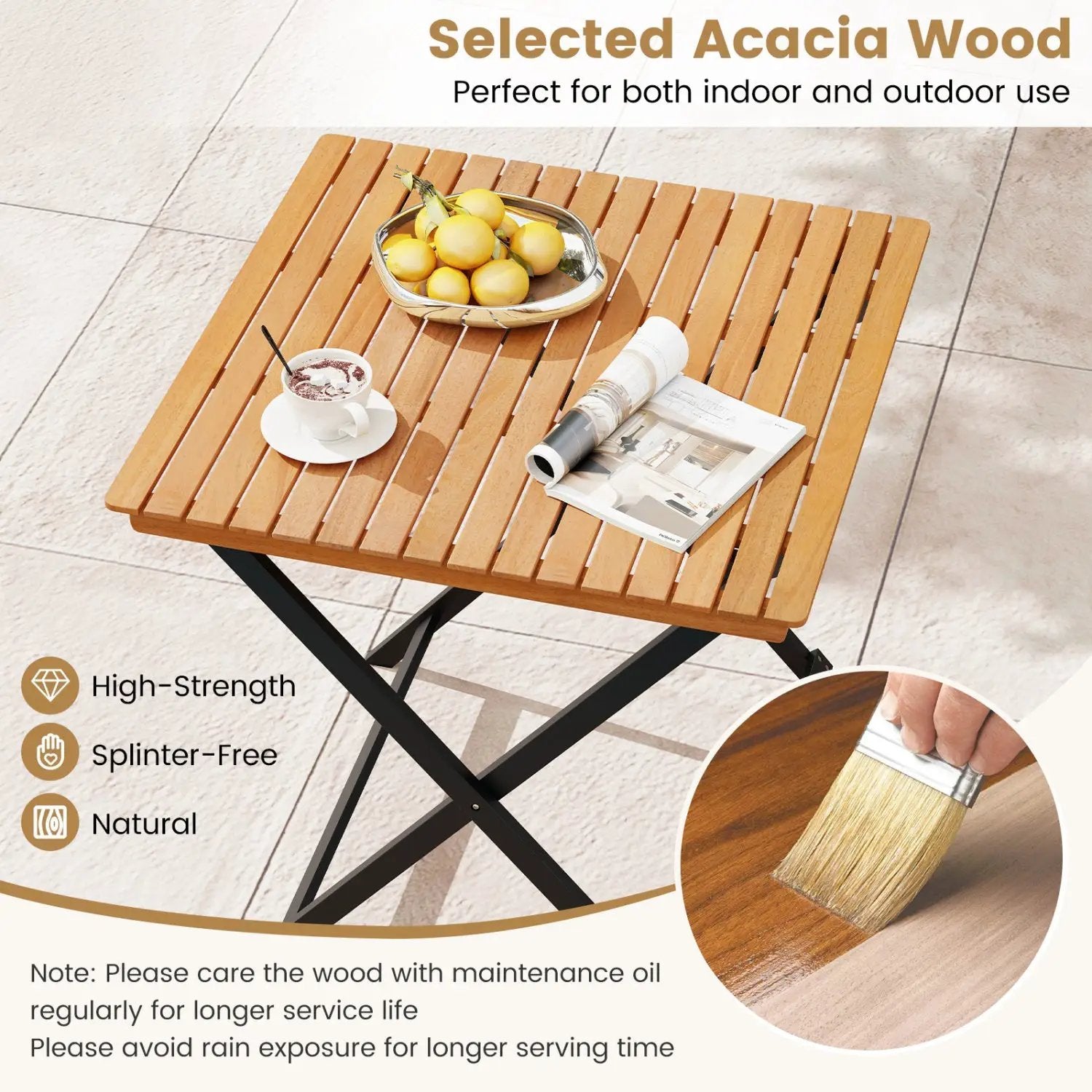 28 Inch Patio Folding Square Table with Slatted Tabletop for Backyard Porch by DirectDeals