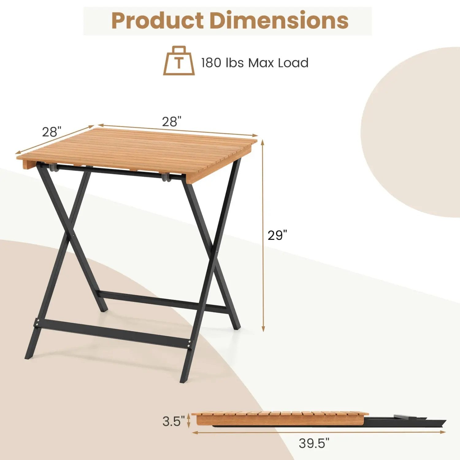 28 Inch Patio Folding Square Table with Slatted Tabletop for Backyard Porch by DirectDeals
