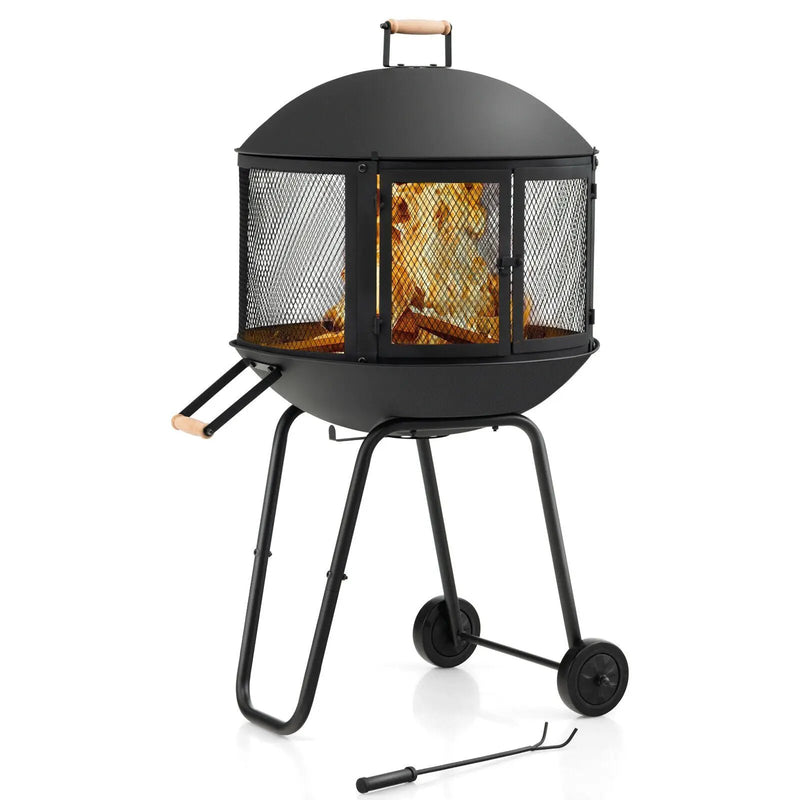 28 Inch Portable Fire Pit on Wheels with Log Grate-Black by DirectDeals