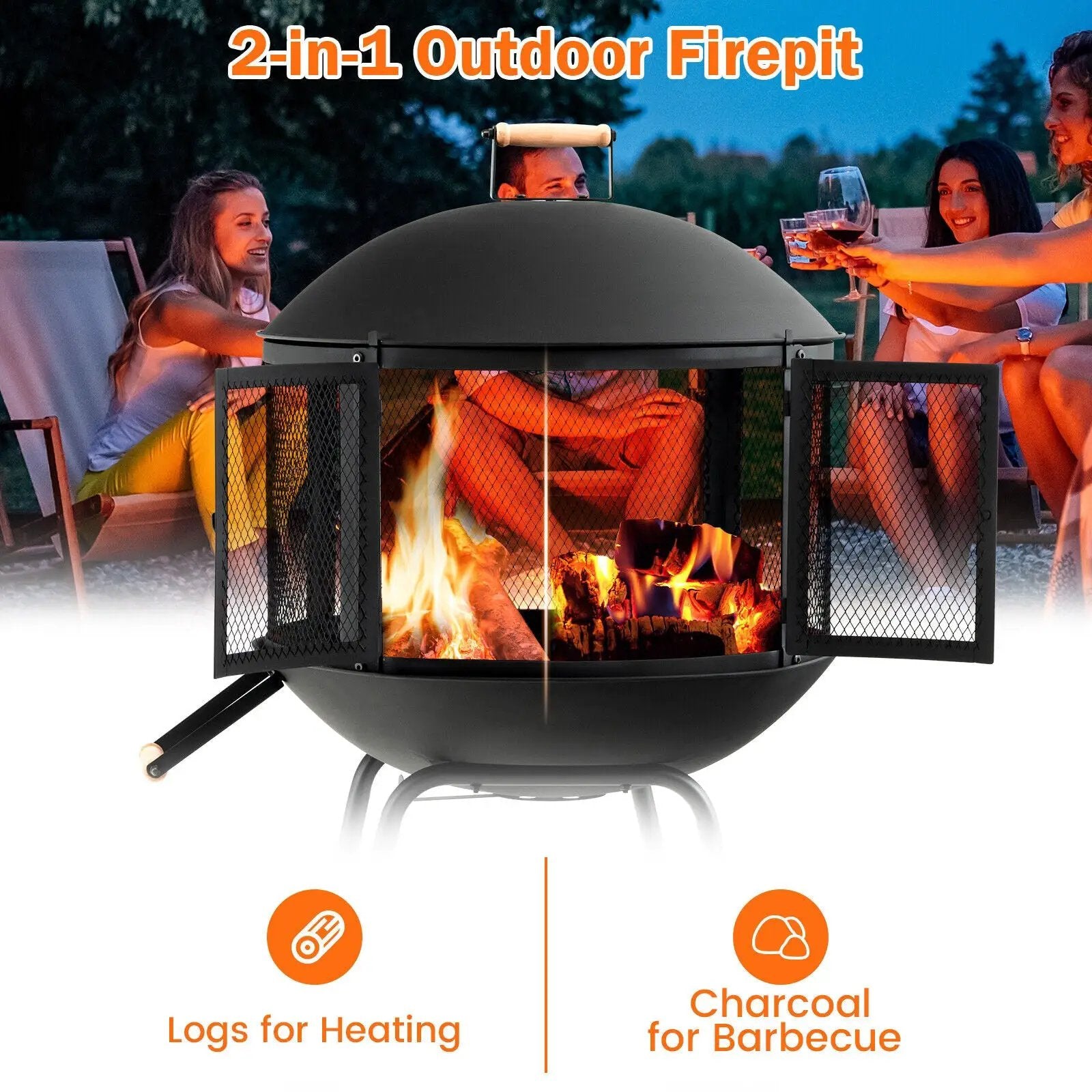 28 Inch Portable Fire Pit on Wheels with Log Grate-Black by DirectDeals