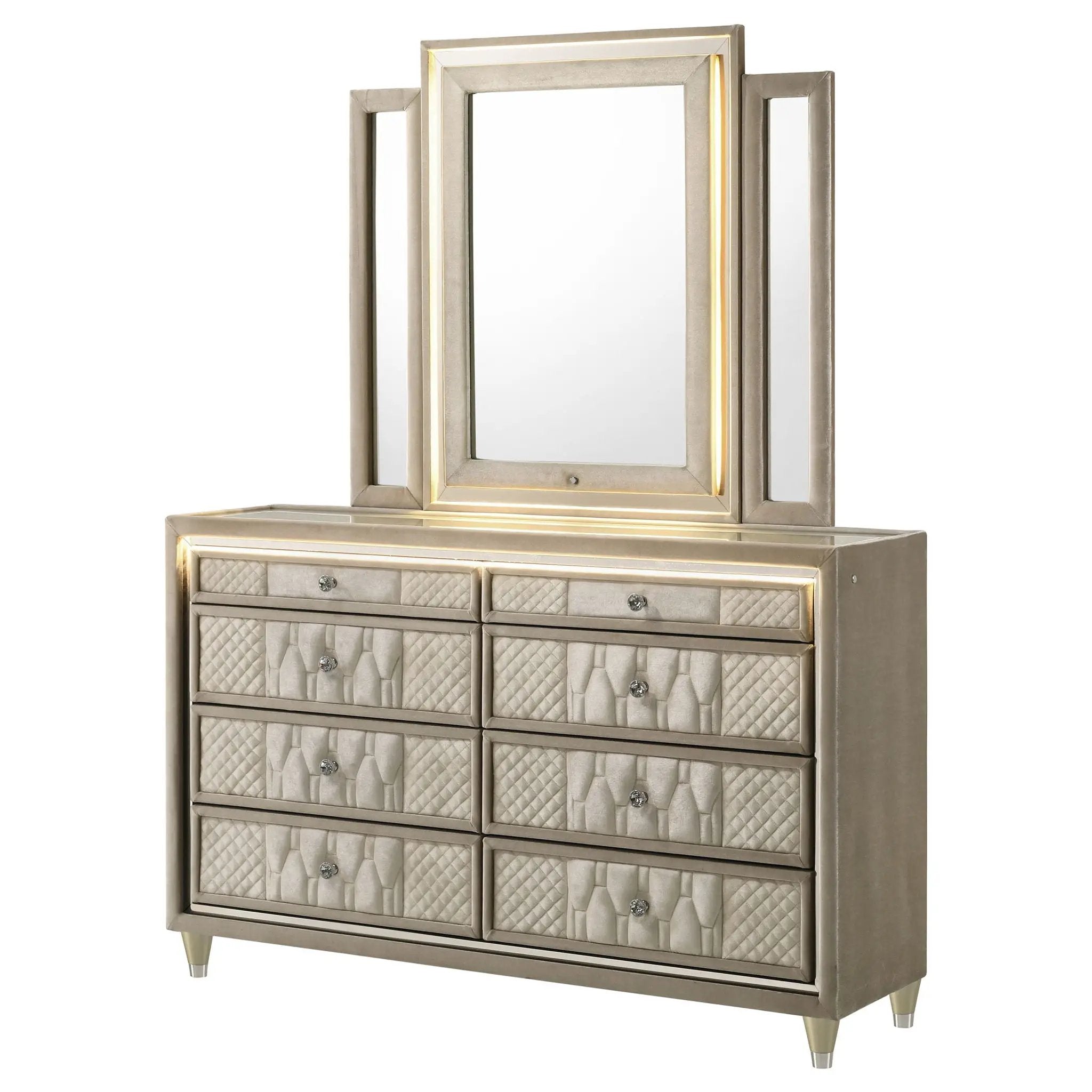 Lorient 8-drawer LED Dresser with Mirror Ivory and Camel by Unique Piece Furniture