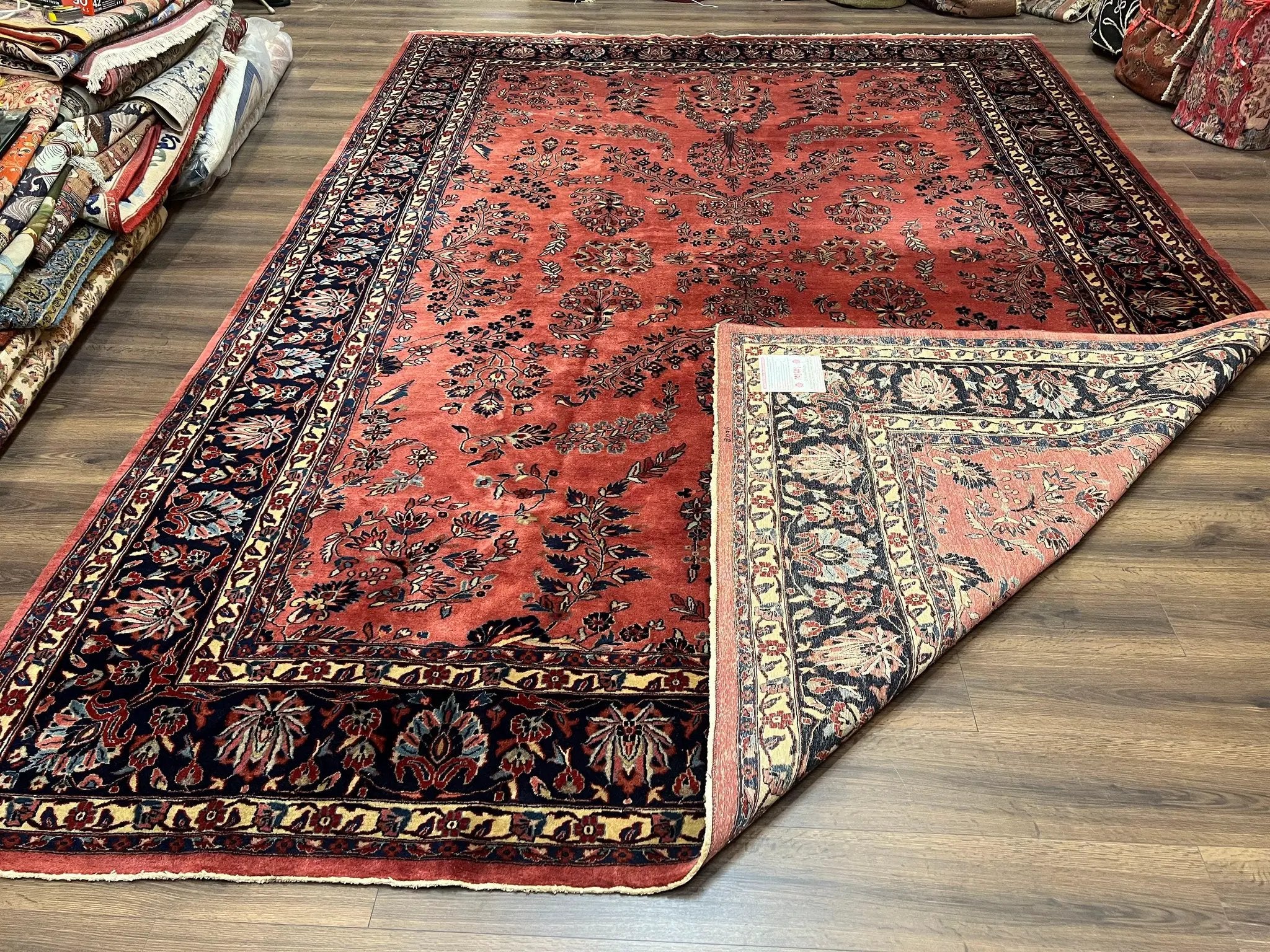 Indo Sarouk Rug 10x14, Vintage Indian Persian Area Rug 10 x 14, Wool Hand-Knotted Oriental Carpet, Red Floral Allover Large Rug, Beautiful by Jewel Rugs