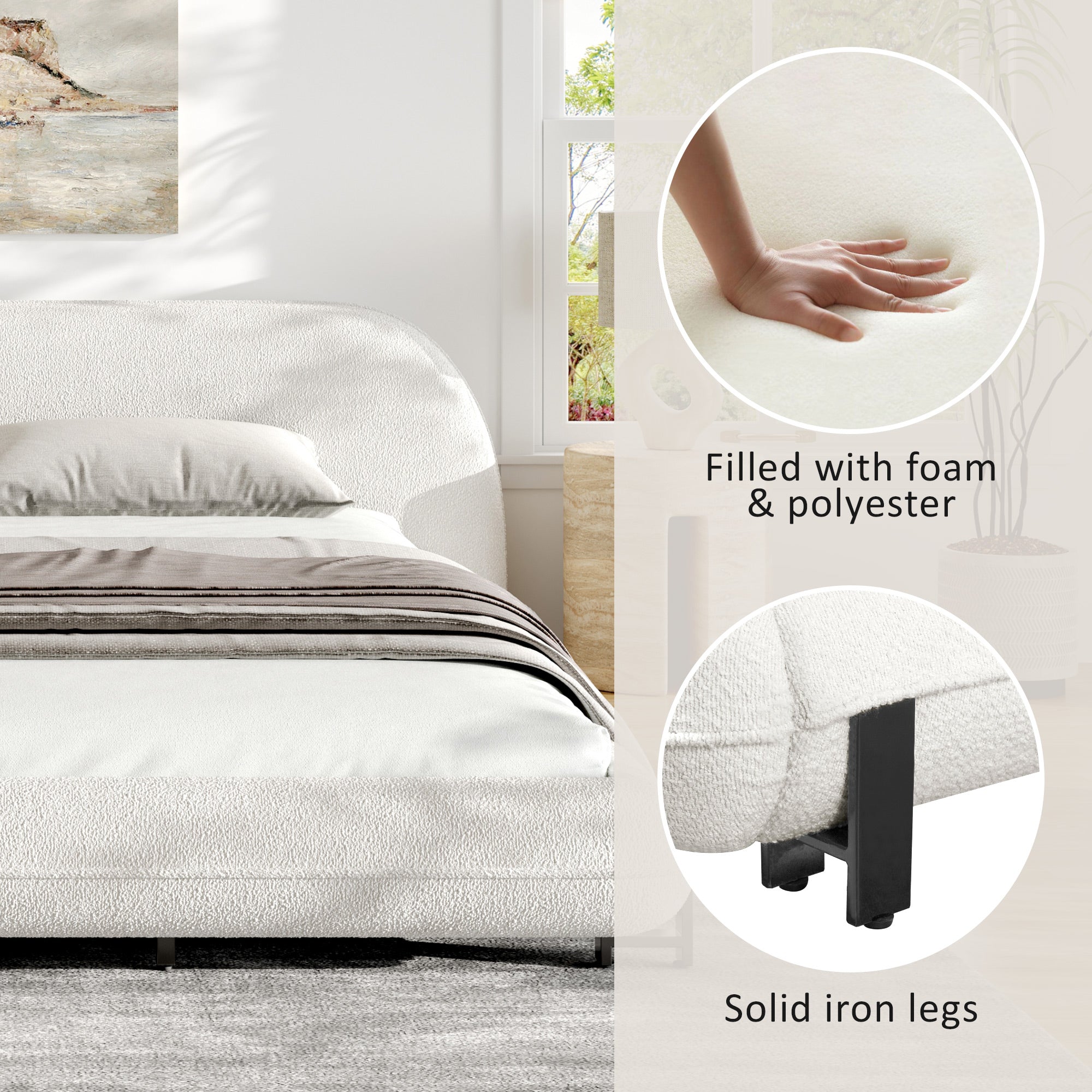 California King Size Bed Frame with Boucle Fabric and Thick Headboard by HouseOfZazla