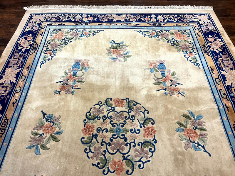 Chinese Wool Rug 8x11, Peking Asian Oriental Carpet, Cream/Ivory and Blue, Vintage Handmade Rug, Art Deco Rug by Jewel Rugs