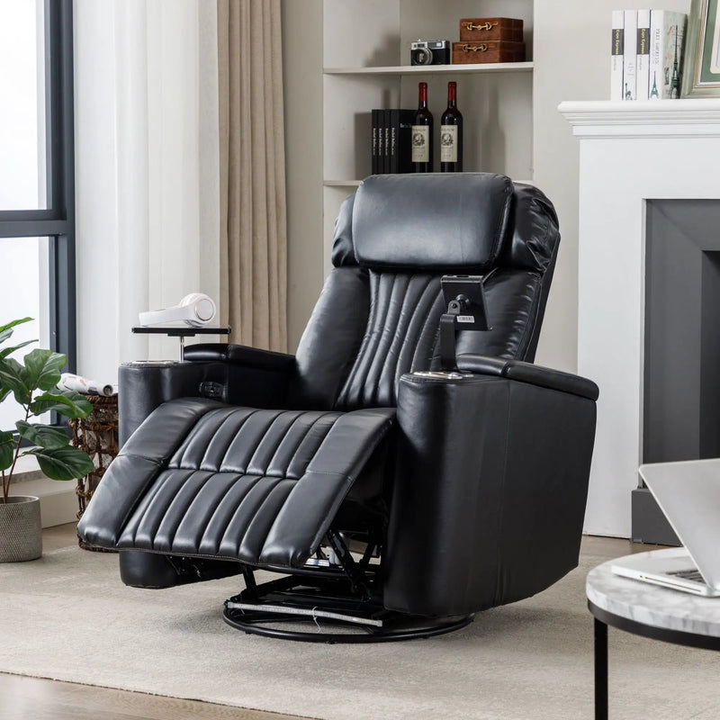 270° Power Swivel Recliner Home Theater Chair With Hidden Arm Storage, LED Light, Cup Holder, And Tray Table by HouseOfZazla
