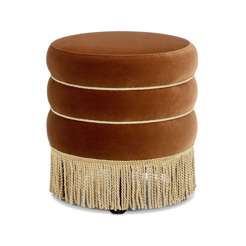 Edward 17.5" Round Upholstered Ottoman with Bullion Fringe Burnt by HouseOfZazla