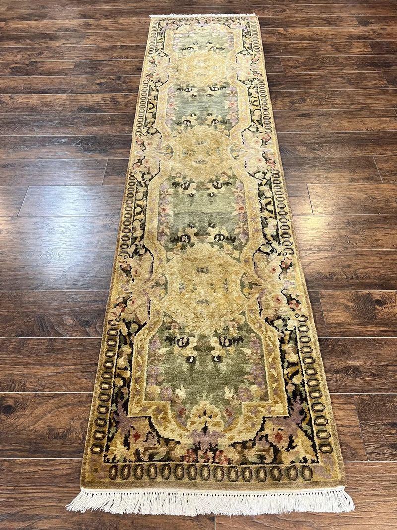 Tibetan Runner Rug 2.6 x 10, French Aubusson Pattern, Gold Olive Green, Vintage Handmade European Design, Wool Hallway Rug by Jewel Rugs